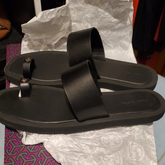 Tory Burch Black Sandals with Gold Accent - Picture 3 of 7